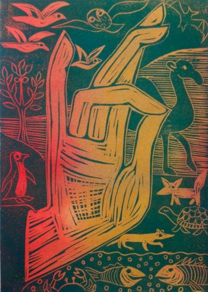 Multi-coloured lino print