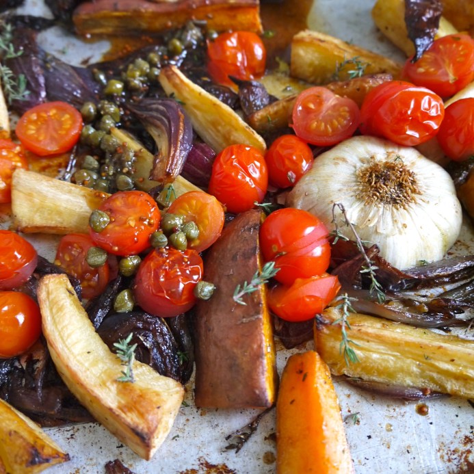 Roast tomatoes and root vegetables