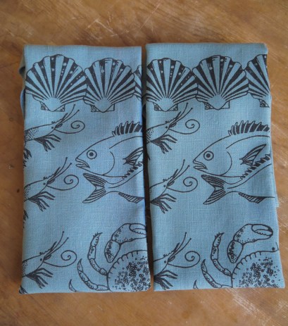 Blue linen tea towels with fish design